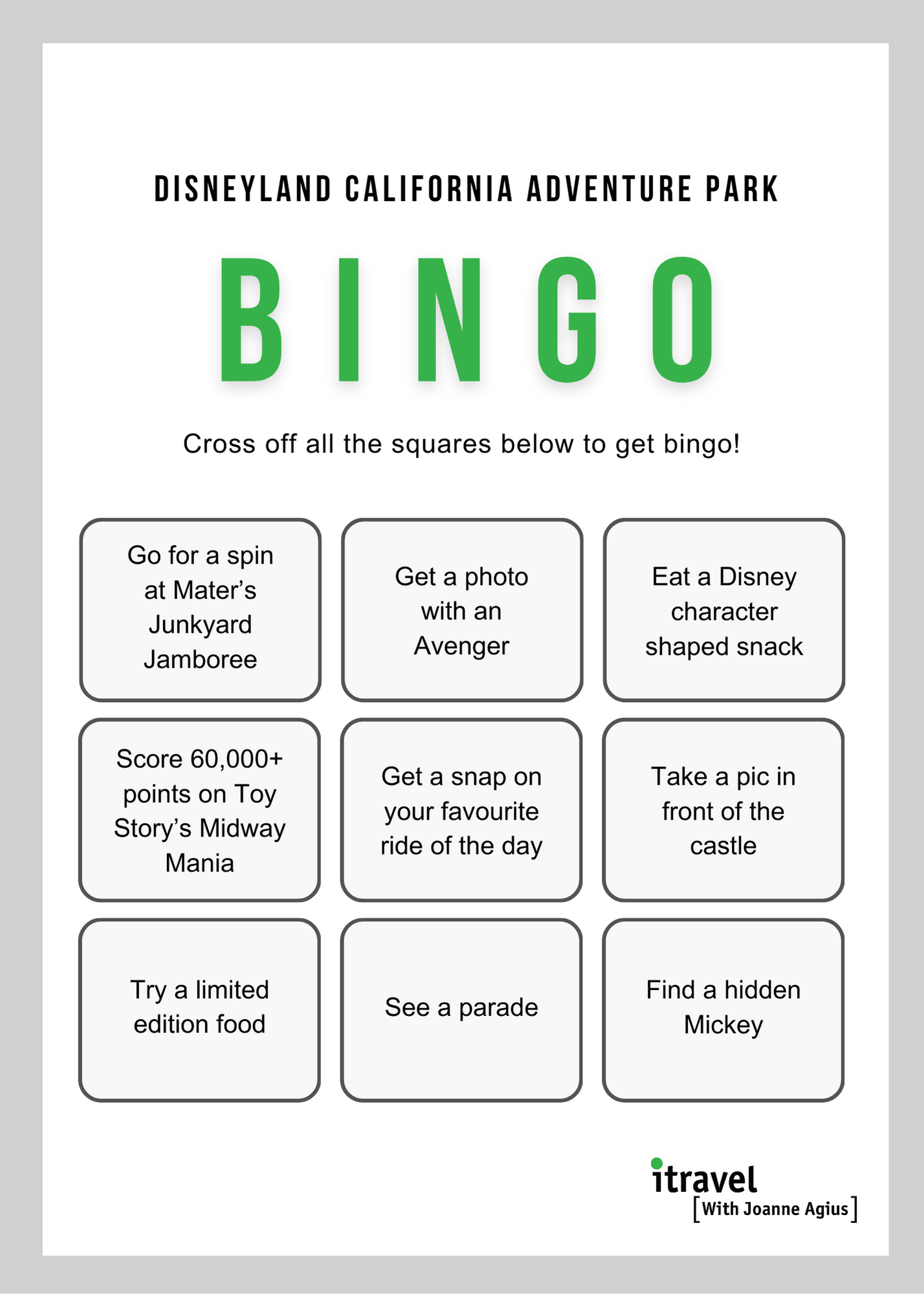 Disneyland California Adventure Park Bingo Card (1)